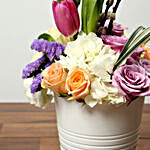 Tulips Roses and Hydrangea Arranged In Ceramic Pot