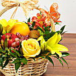 Basket Arrangement Of Fresh Flowers And Fruits