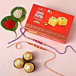 Sneh Peachy Rakhi Set with 250 Grams Soan Papdi and 3 Ferrero Rocher