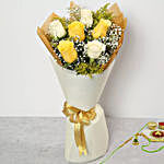 Yellow N White Roses Bouquet With Rakhi