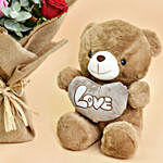 3 Pink 3 Red Roses Valentines Bouquet And Teddy