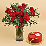 12 Red Roses in Premium Vase And Cake