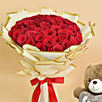 50 Valentine Roses Bouquet And Teddy