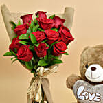 Lovely 12 Roses Bouquet And Teddy