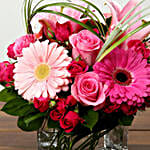 Roses and Gerbera Arrangement In Glass Vase