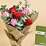 3 Pink 3 Red Roses Valentines Bouquet And Chocolates
