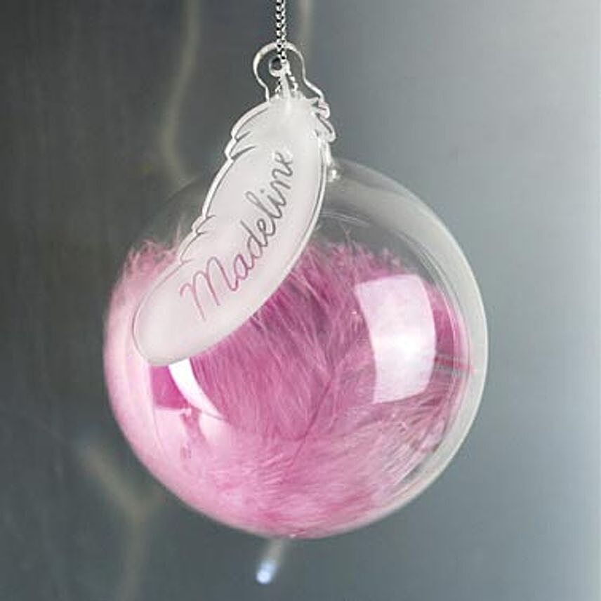 Personalised Pink Feather Bauble:Wedding Gift Delivery in UK