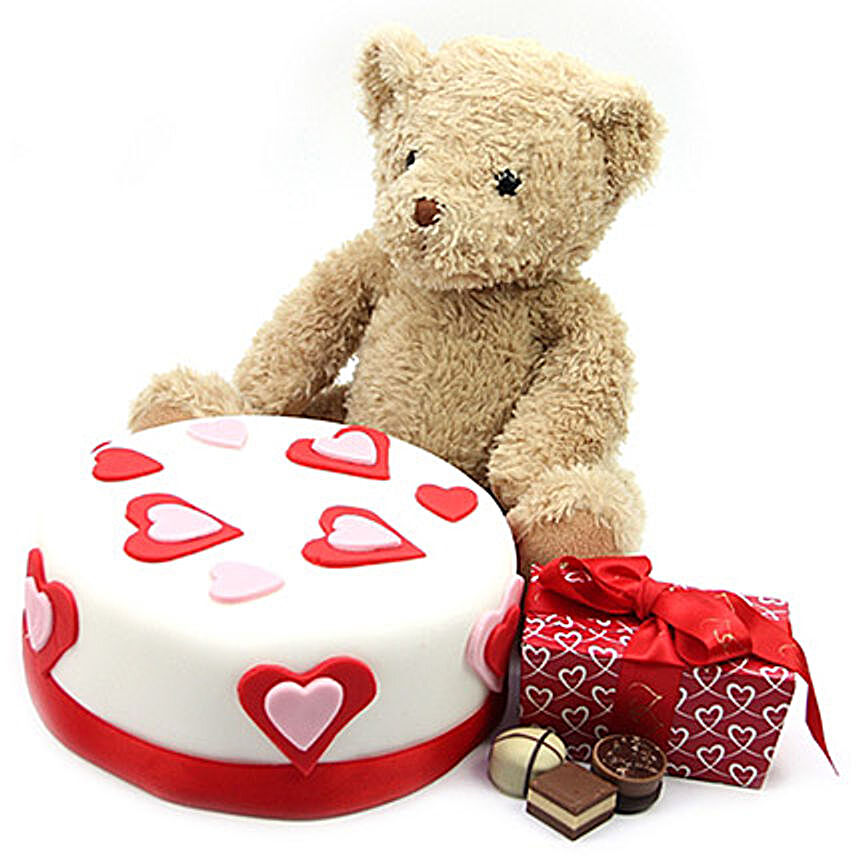 Hearts Cake With Teddy N Chocolates:Gift Combos to UK