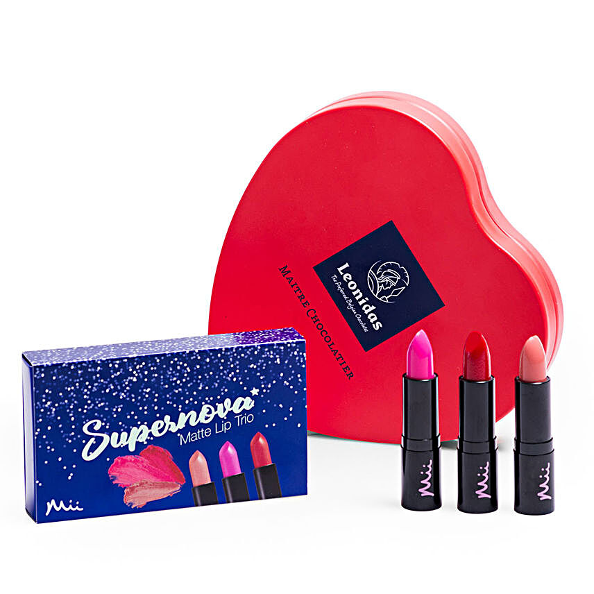 Lipstick Trio With Chocolates:Cosmetics and Spa Hampers to UK
