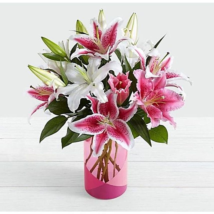 Pink And White Lilies Bouquet:Anniversary Flowers to UK