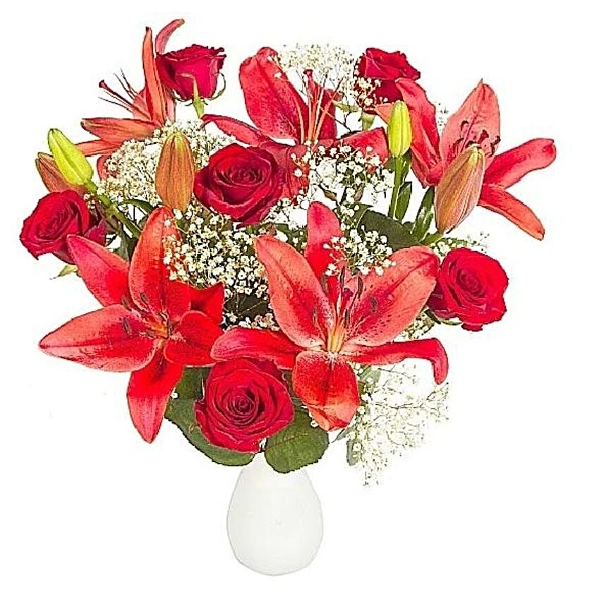 Festive Red Roses And Lilies Bouquet