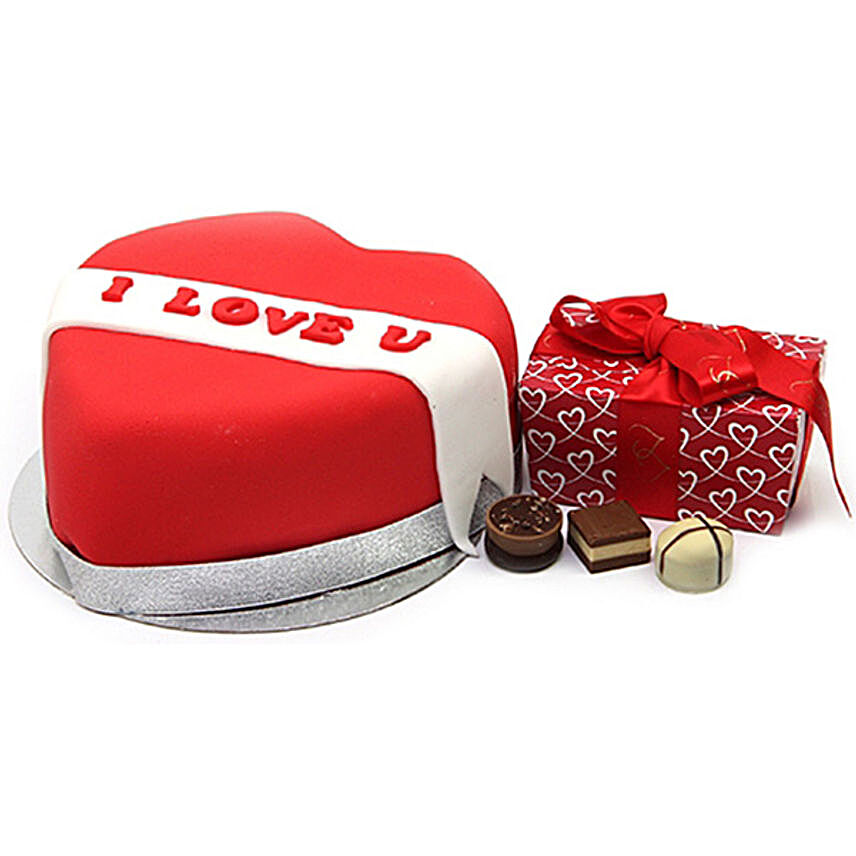 I Love You Ribbon Heart Cake And Chocolates:Personalised Gifts to UK