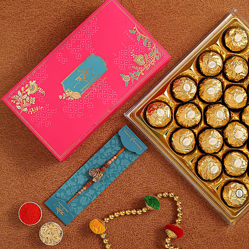Hanuman Rudraksha Pearl Rakhi And 16 Pcs Ferrero Rocher:Rudraksha Rakhi to UK