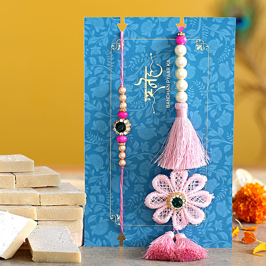 Crochet Flower Lumba Rakhi Set With Kaju Katli:Send Rakhi Sets to UK