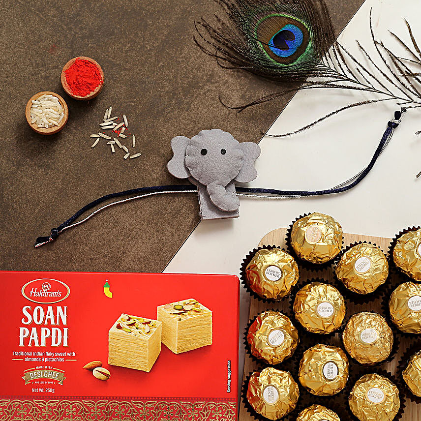 Elephant Kids Rakhi With Soanpapdi And Ferrero Rocher
