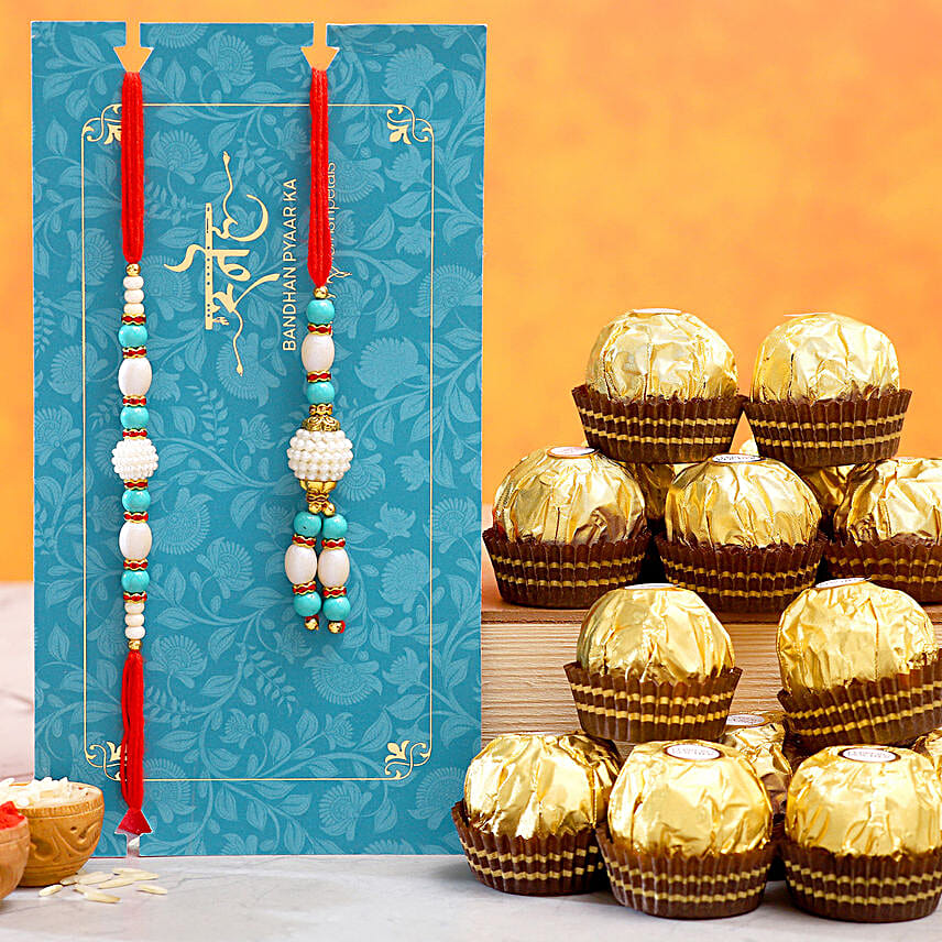 Blue Pearl And Lumba Rakhi Set With 16 Pcs Ferrero Rocher