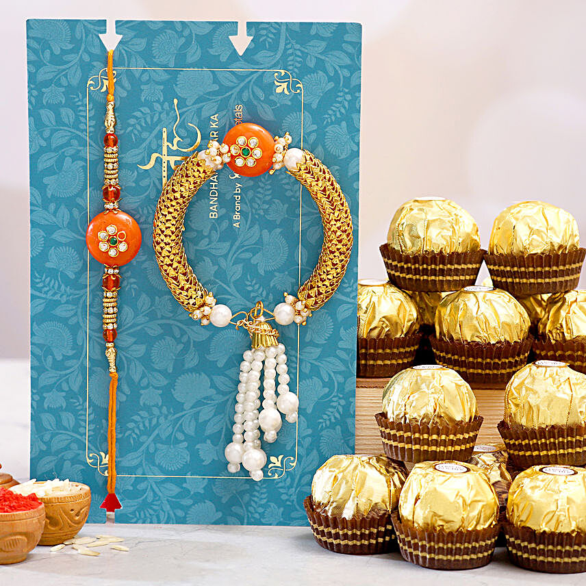 Orange Pearl And Lumba Rakhi Set With 16 Pcs Ferrero Rocher