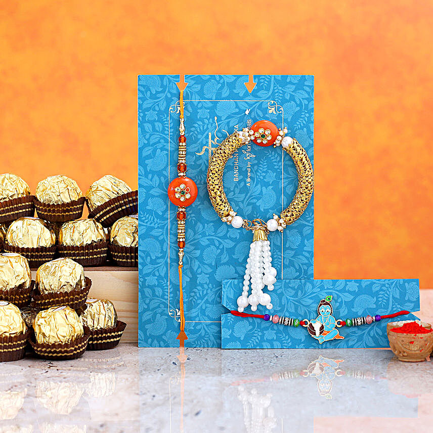 Orange Pearl Rakhi Set And Bal Krishna Rakhi With 16 Pcs Ferrero Rocher
