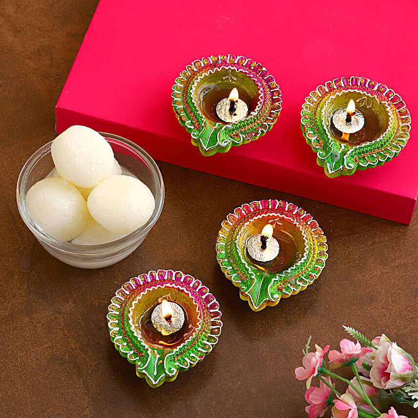Decorative Diwali Floral Diyas With Rasgulla:Send Sweets to UK