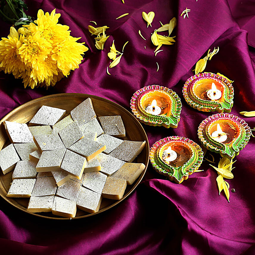 Decorative Floral Diyas With Kaju Katli:Send Diwali Gifts to UK