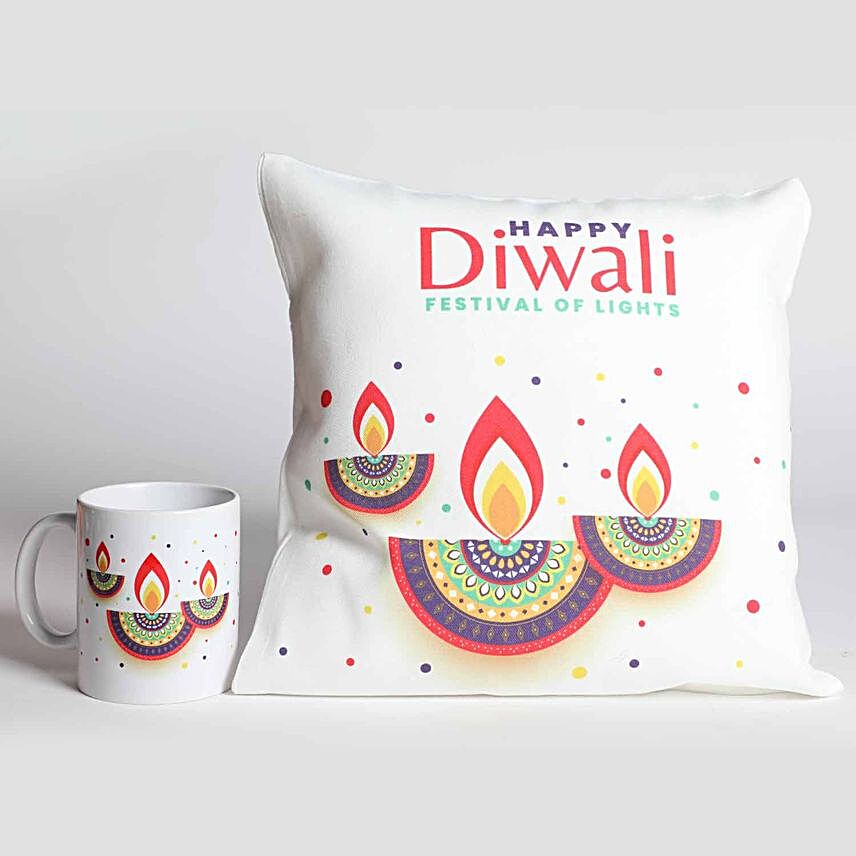 Happy Diwali Designer Diya Cushion And Mug