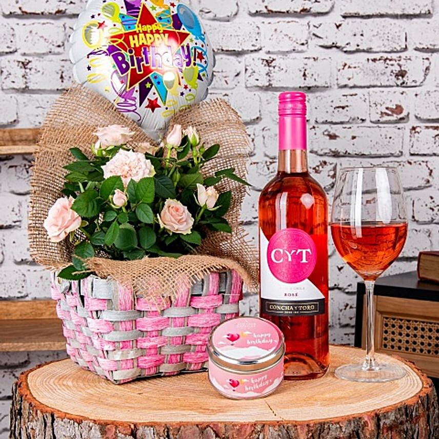 Happy Bday Rose Plant And Wine Hamper:Gift Combos to UK