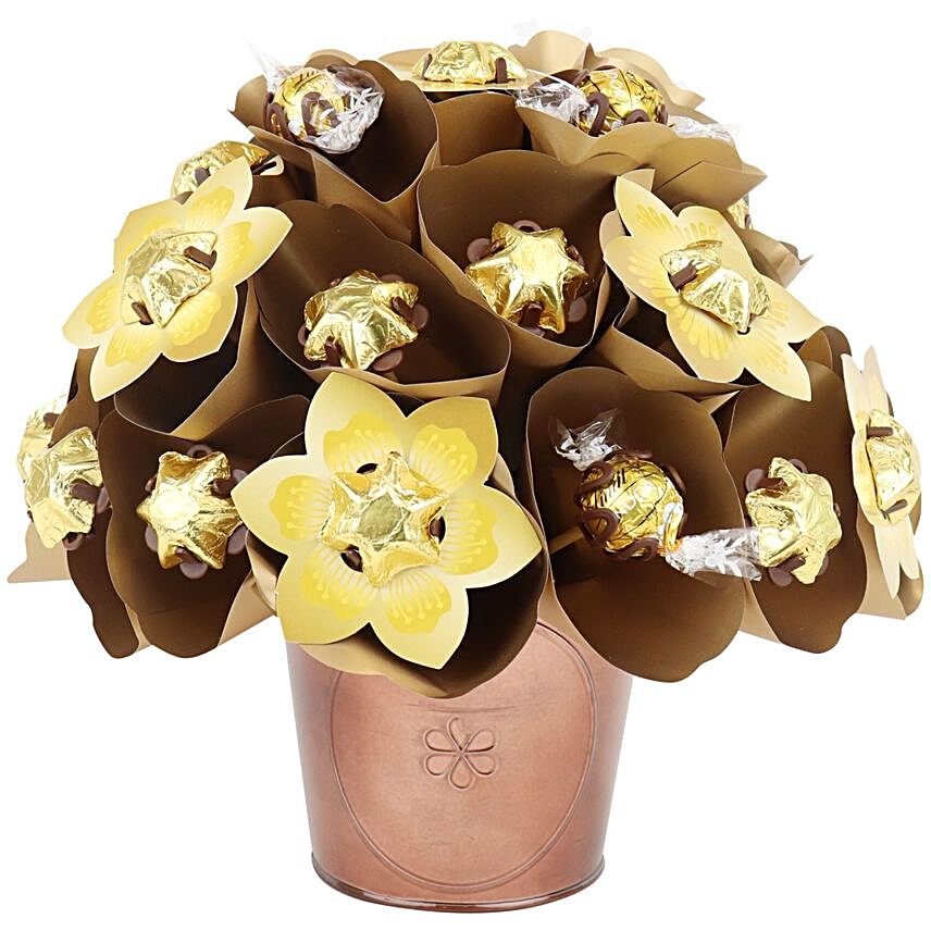 Golden Chocolate Floral Bucket:Send Friendship Day Gifts to UK