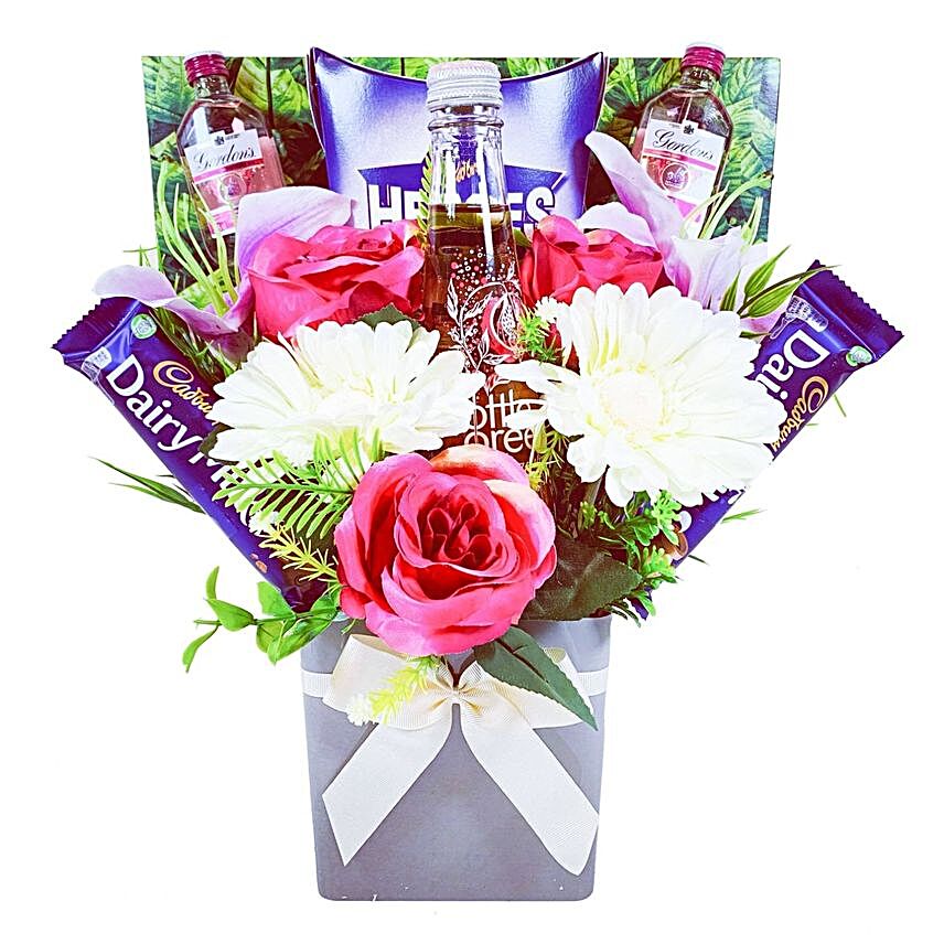 Pink Gin And Chocolate Bouquet:Flowers with Chocolates to UK