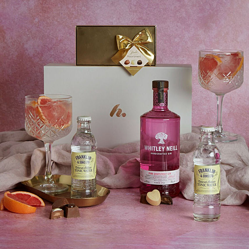 Whitley Neill Pink Gin And Chocolates:Gift Baskets to UK