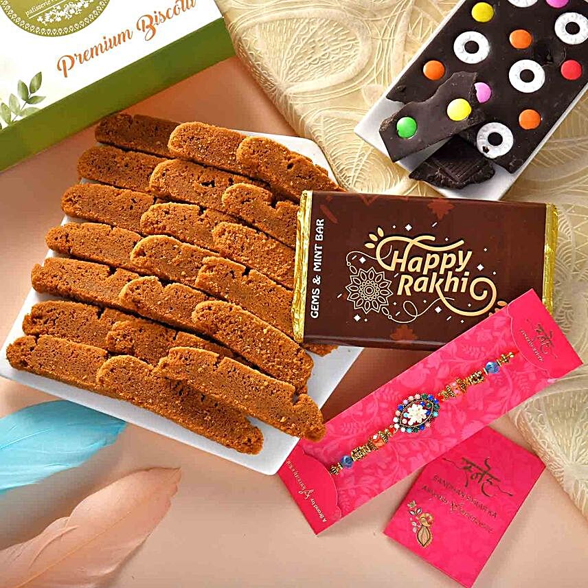 Designer Rakhi With Chocolate And Biscotti