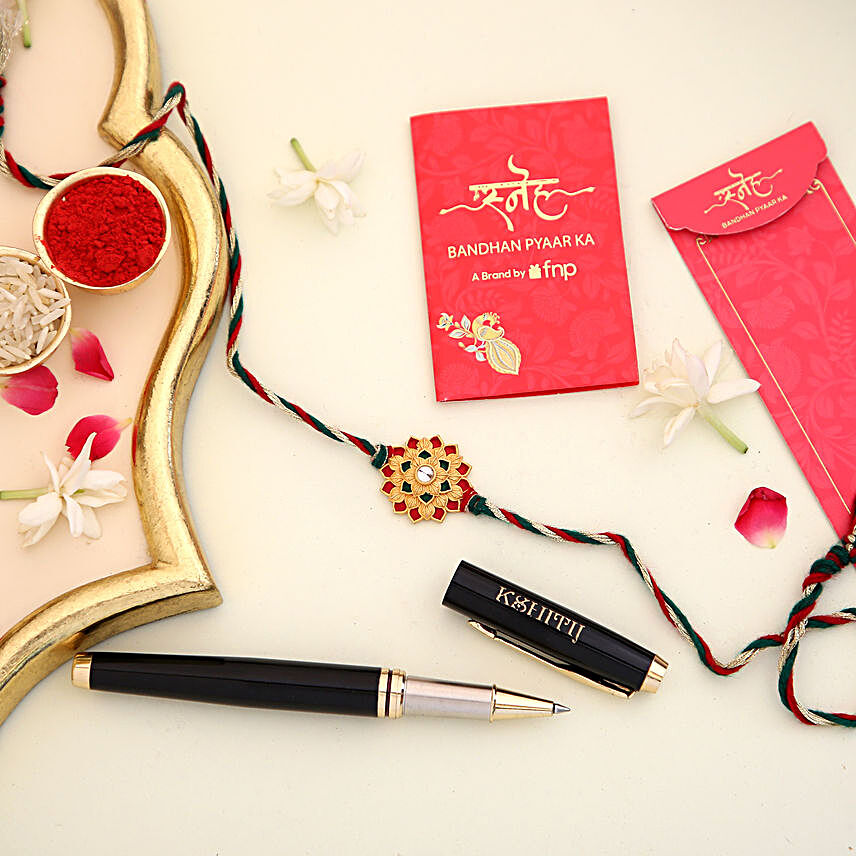 Sneh Floral Meenakari Rakhi and Personalised Black Pen:Rakhi with Personalised Gifts to UK