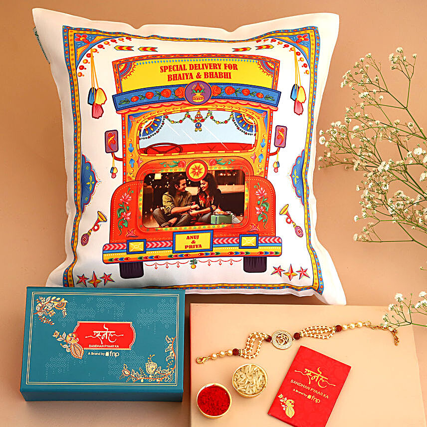 Sneh Om Rudraksha Rakhi and Personalised Cushion:Rakhi with Personalised Gifts to UK