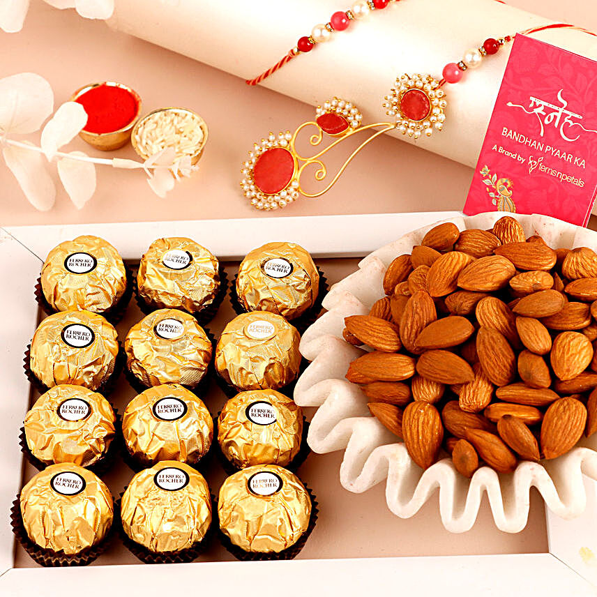 Sneh Floral Rakhi Set With Almonds & Chocolate Box:Send Rakhi Sets to UK