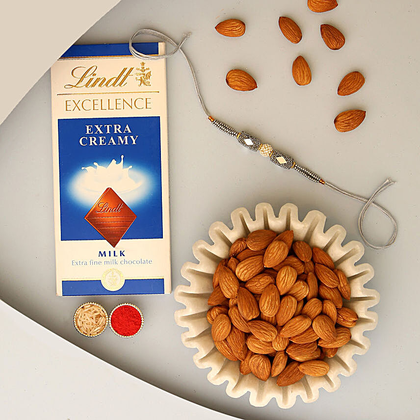 Sneh Shimmer Rakhi With Lindt Chocolates & Almonds
