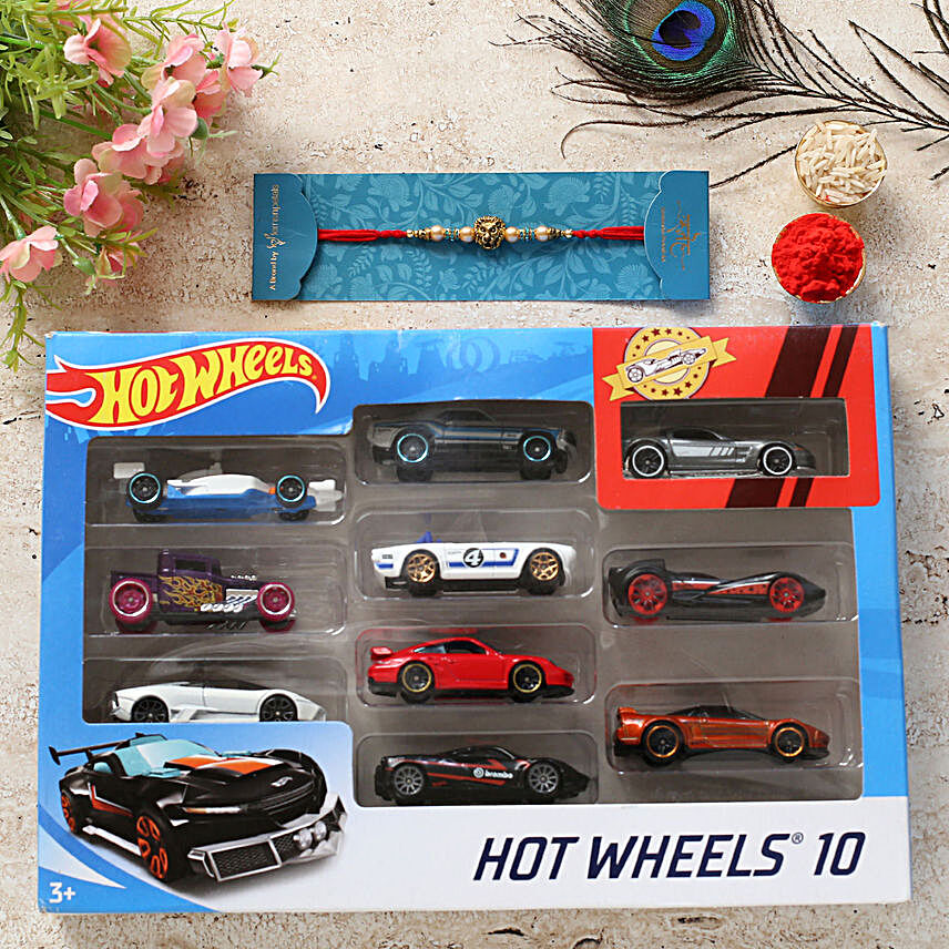 Lion Face Rakhi And Hot Wheels Car Set:Rakhi With Toys To UK