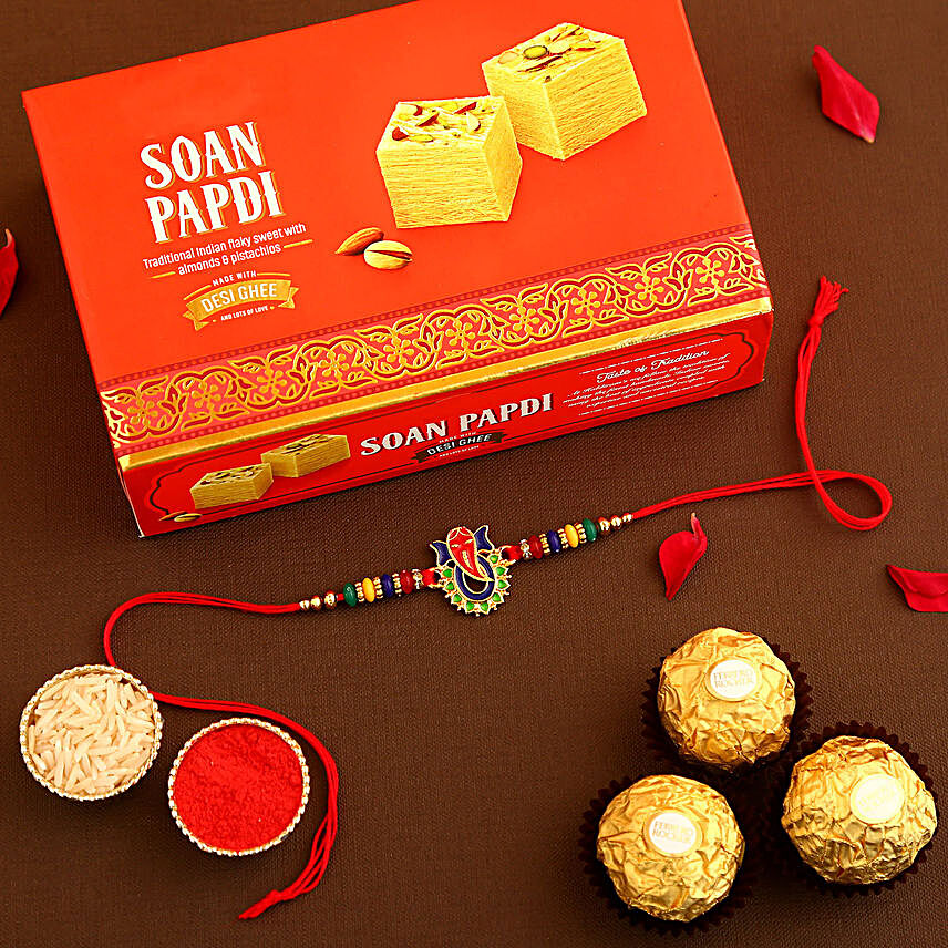 Sneh Auspicious Rakhi With Soan Papdi & Ferrero Rocher:Rakhi With Chocolates UK