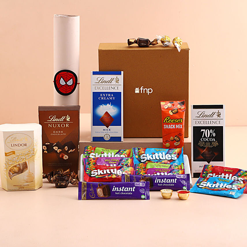 Sneh Spiderman Kids Rakhi & Assorted Chocolates:Send Rakhi With Gift Hampers To UK