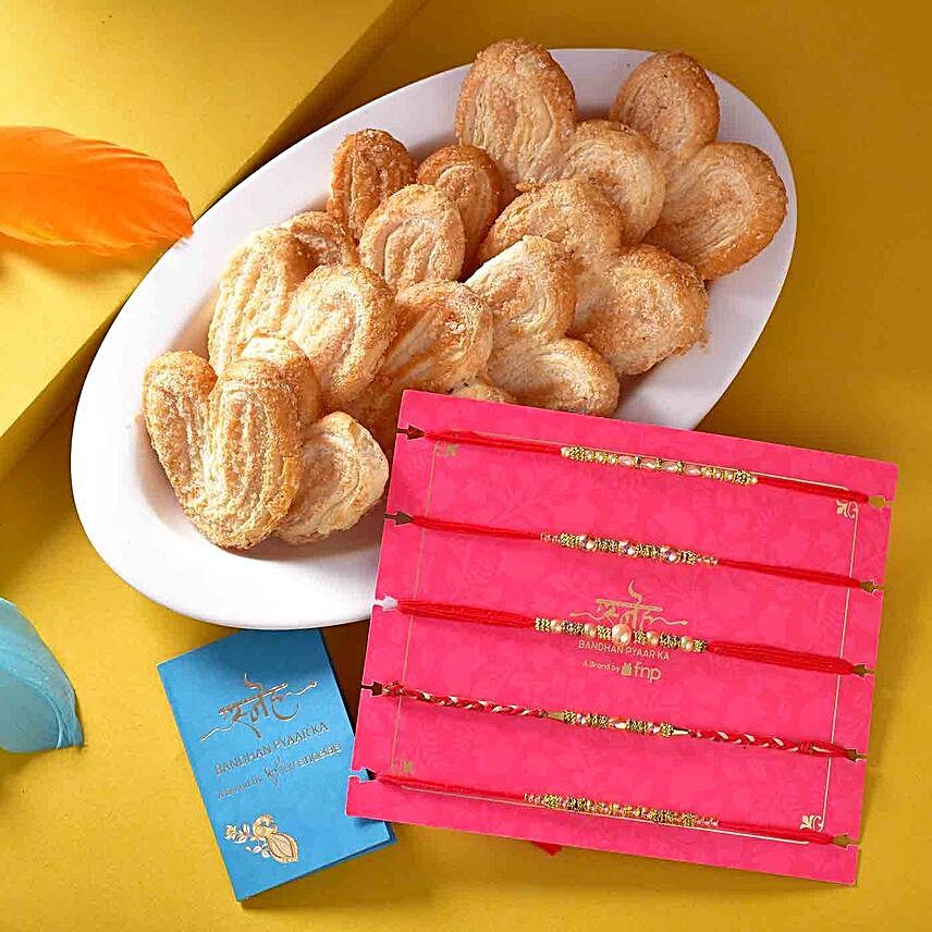 Sneh Beads & Pearl Rakhi Set N French Heart Cookies:Set of 5 Rakhi to UK