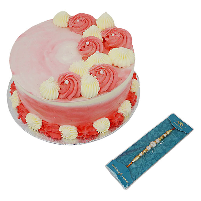 Pink Vanilla Cake With Elegant Pearl Mauli Rakhi