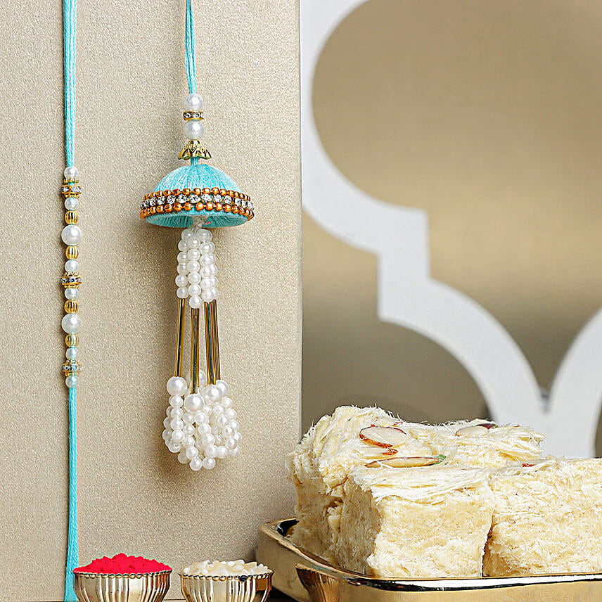 Teal Jhumar Lumba Pearl Rakhi Set - For UK