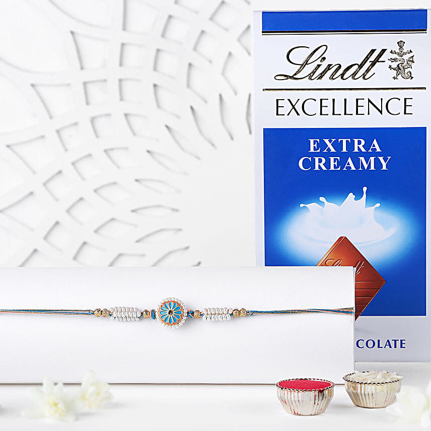 Blue Floral Meenakari Rakhi N Lindt Milk Chocolate