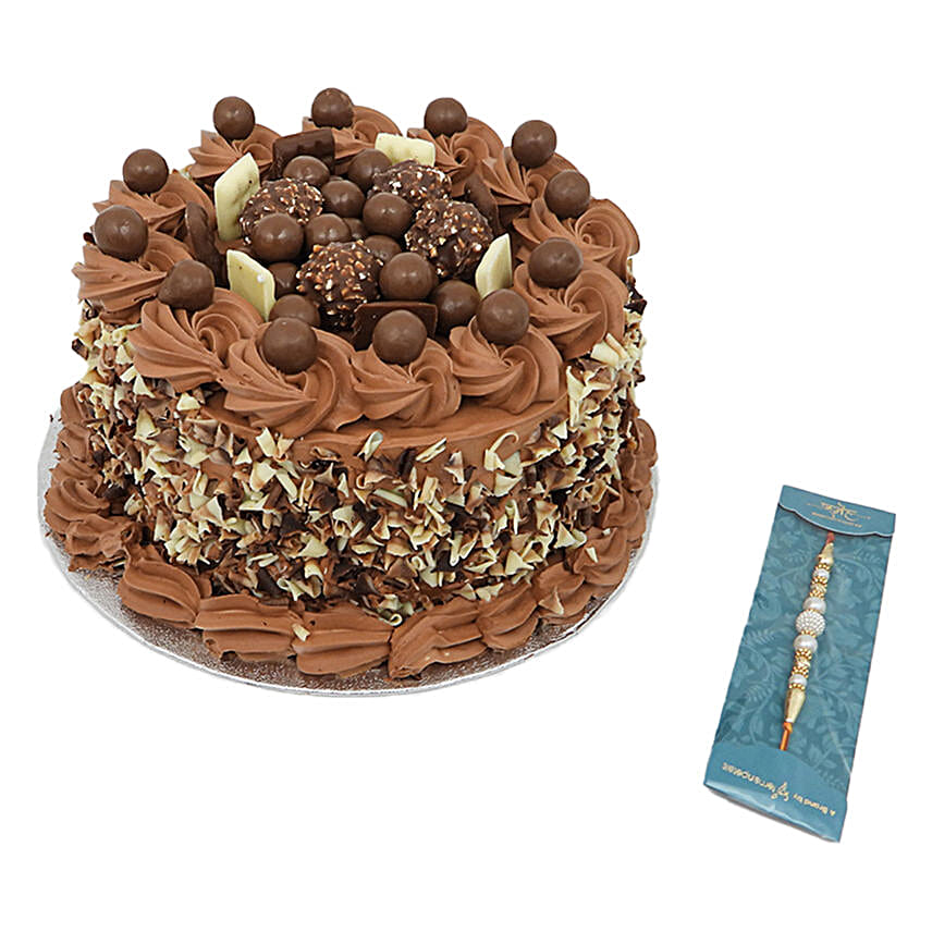 chocolateoverload cake with Elegant Pearl Mauli Rakhi