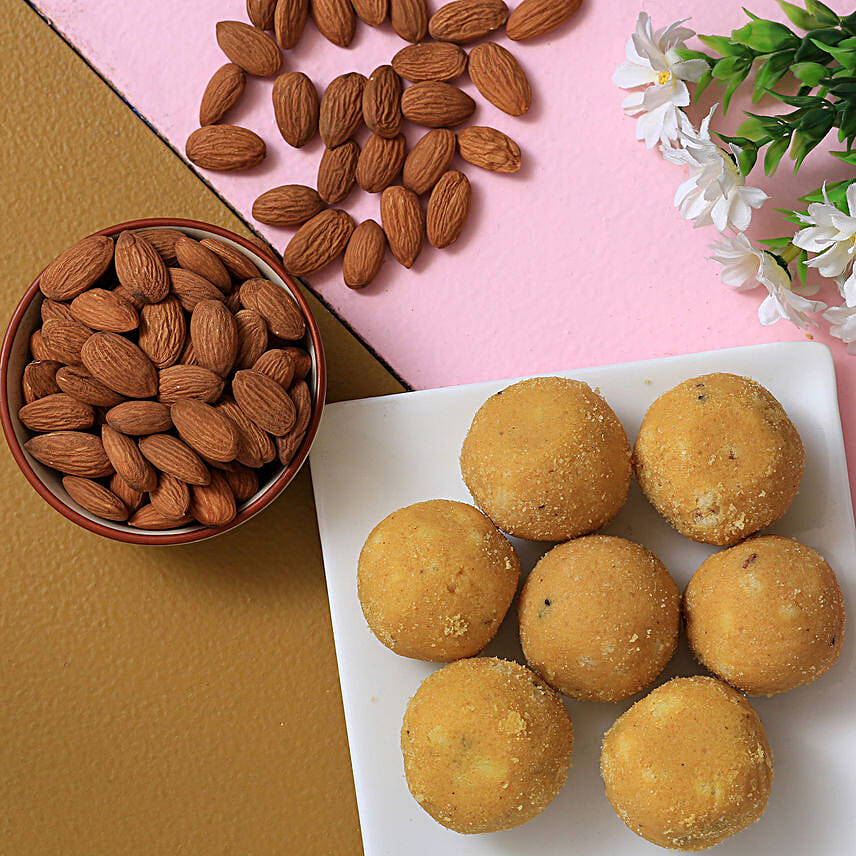 Designer Diyas With Almonds And Besan Ladoo