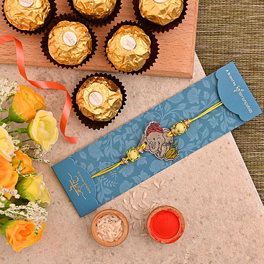 Divine Bal Ganesha Kids Rakhi And 3 Pcs Ferrero Rocher