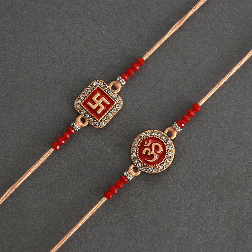 Ethereal Om Swastik Pair Rakhi N Motichoor Laddoo