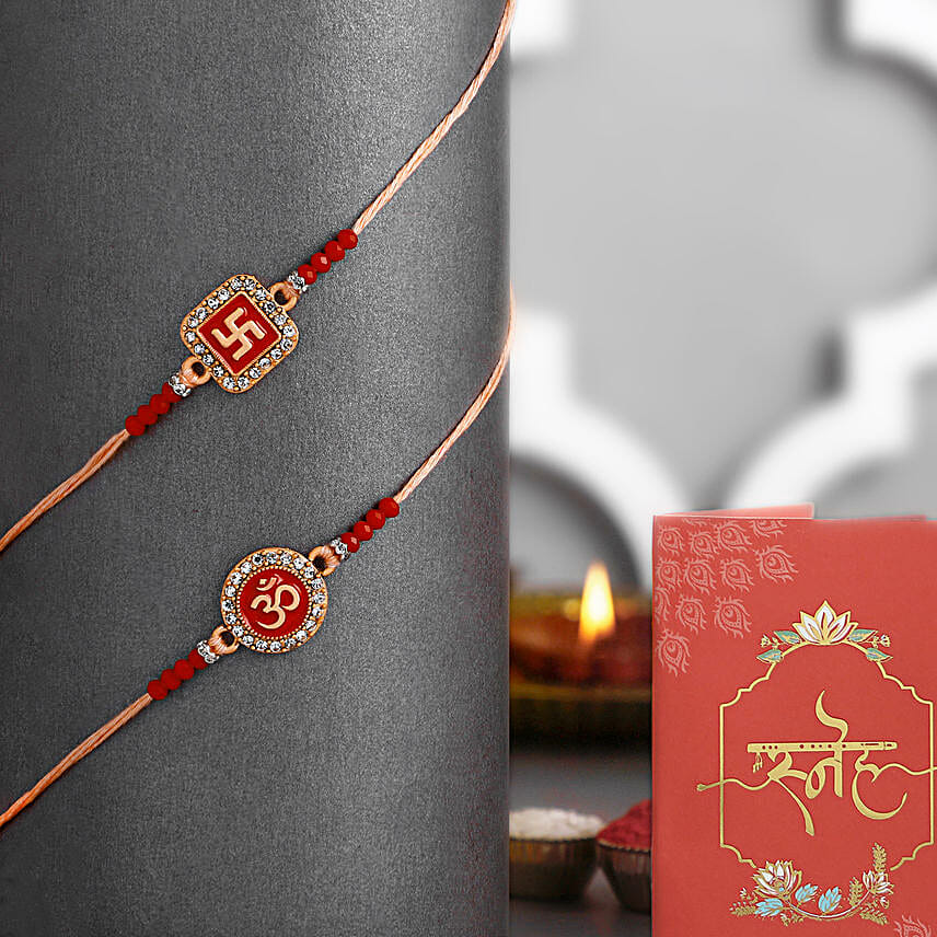 Ethereal Om Swastik Pair Rakhi N Pistachio Delight
