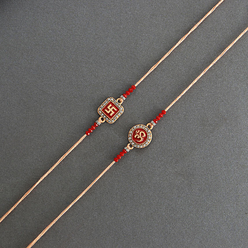 Ethereal Om Swastik Pair Rakhi N Pistachio Delight