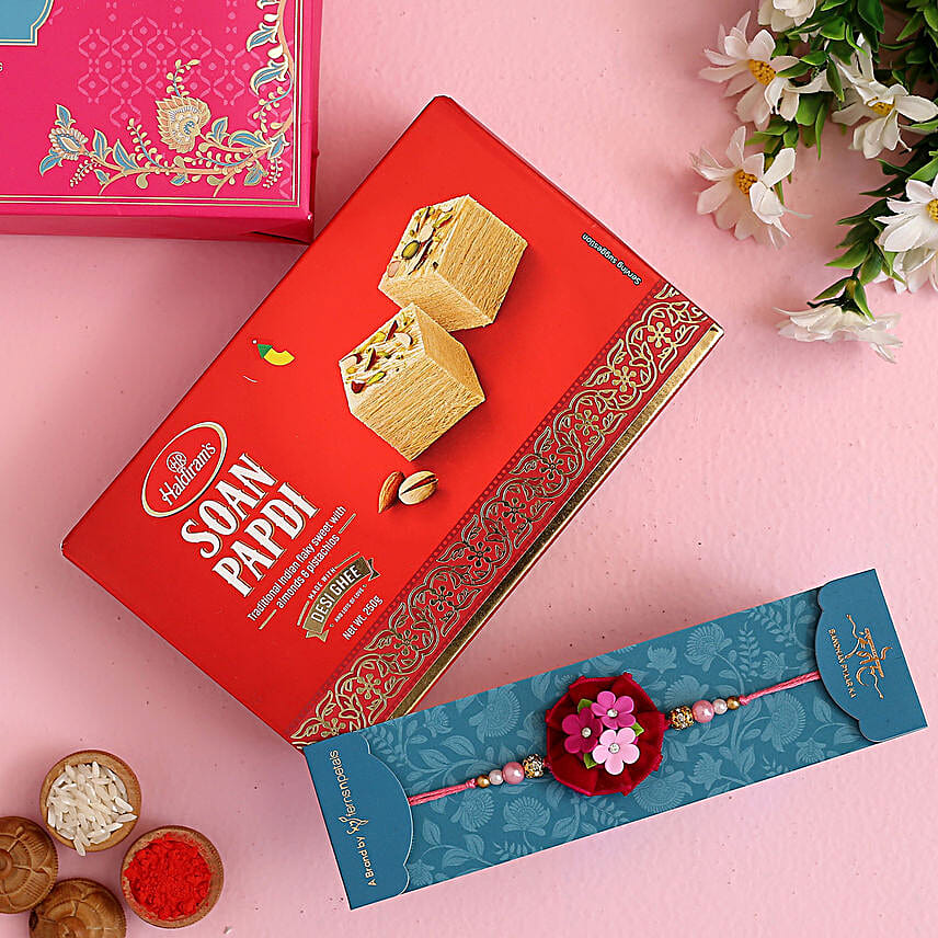 Grape Flower Kids Rakhi And Soan Papdi