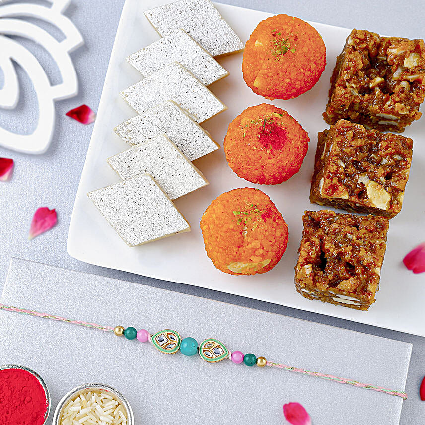 Opulent Kundan Rakhi N Mix Sweets Combo