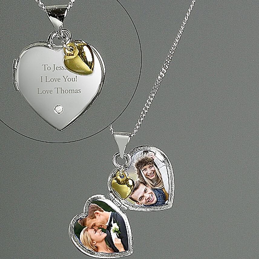 Personalised Sterling Silver Heart Locket Necklace with Diamond and 9ct Gold Charm